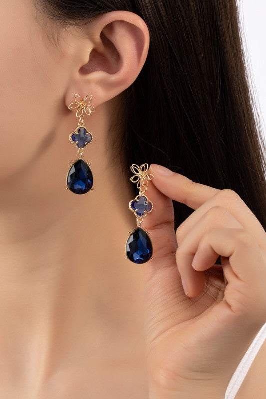 Floral Cascade: Royal Blue 3-Tier Flower and Gemstone Linear Drop Earrings